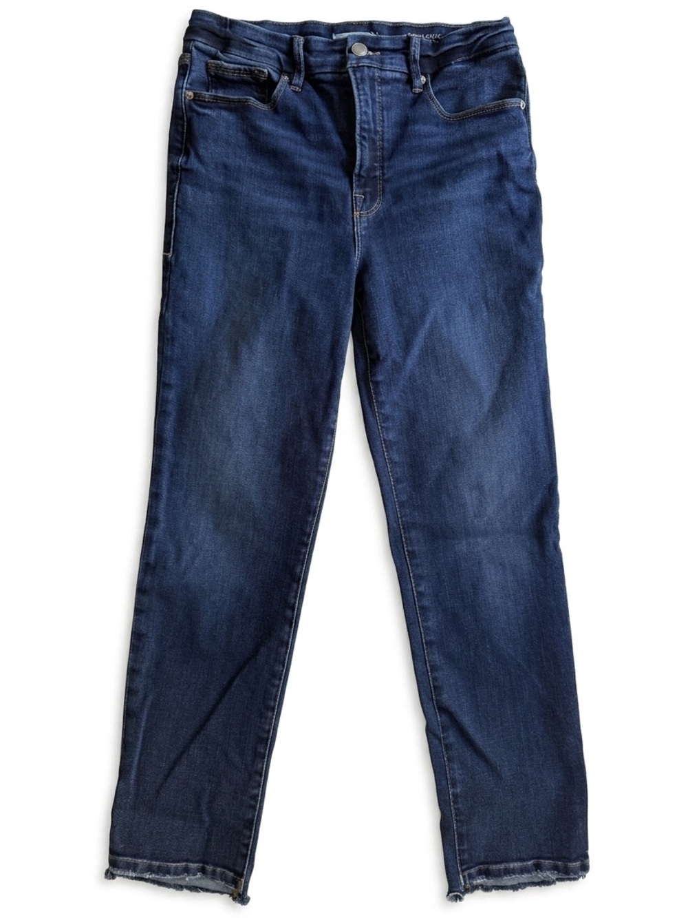 Good American High Rise Slim Bootcut Jeans Dark Wash Raw Hem Size 8/29